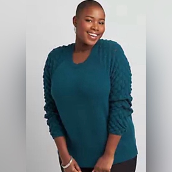 Lane Bryant Sweaters - Lane Bryant Dark Teal Crew Neck Sweater Textured Bubble Sleeve 14/16 Mermaidcore